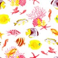 Bright fishes and algae seamless vector pattern