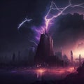 A bright flash of lightning over the city. Urban fantasy landscape