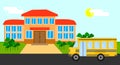 Bright flat illustration of school building, school bus and yard with trees for back to school banner or poster design. Royalty Free Stock Photo