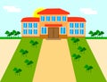 Bright flat illustration of school building and yard with trees for back to school banner or poster design Royalty Free Stock Photo
