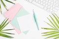 Bright flat lay fashion mock up: white keyboard, golden palm leaves, colorful cards, envelope and dip pen on white background