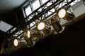 Bright floodlights attached to a steel frame. Horizontal view of Royalty Free Stock Photo