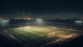 Bright floodlit soccer field with green turf and empty bleachers generated by AI