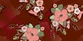 Bright floral pattern for fabric design. Decorative flower hibiscus in pink tones on a red-brown background with pink dots Royalty Free Stock Photo