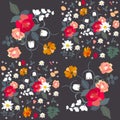 Bright floral pattern with rose, daisy, fritilaria, cosmos and bell flowers, isolated on black background