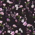 Bright floral pattern with small pink flowers of orchids, violets, roses and buds on a dark background. Seamless vector Royalty Free Stock Photo