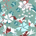 Bright floral pattern with white flowers on a blue background. Seamless summer print. Vector illustration Royalty Free Stock Photo