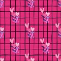 Bright floral seamless pattern with flowers and hearts. Pink background with check. Abstract botanic print