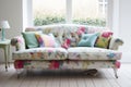 bright floral sofa in shabby chic living room