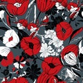 Vector illustration Bright red, grey, white and black poppy flowers