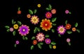 Bright flower embroidery colorful patch. Fashion decoration stitched texture template. Ethnic traditional daisy field