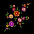 Bright flower embroidery colorful patch. Fashion decoration stitched texture template. Ethnic traditional daisy field