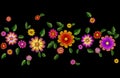 Bright flower embroidery colorful seamless border. Fashion decoration stitched texture template. Ethnic traditional