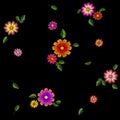 Bright flower embroidery colorful seamless pattern. Fashion decoration stitched texture template. Ethnic traditional