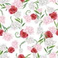 Bright flower seamless pattern with watercolor hand drawn rose, peonies, green foliage, leaves and branches Royalty Free Stock Photo