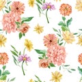 Bright flower seamless pattern with watercolor hand painted wildflower, dandelion, chrysanthemum