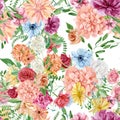 Bright flower seamless pattern with watercolor hand painted wildflower, rose, peoinies, dandelion, chrysanthemum