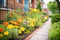 bright flowerbeds flanking a brick walkway