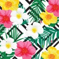 Bright Flowers Background with Geometric Ornament. Black Stripes. Vector Illustration Royalty Free Stock Photo