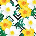 Bright Flowers Background with Geometric Ornament. Black Stripes. Vector Illustration Royalty Free Stock Photo