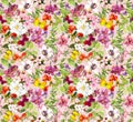 Bright flowers, butterflies - colorful garden. Floral wallpaper. Watercolour