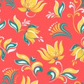 Bright flowers floral Russian beautiful folk ornament with bird. Vector illustration. Seamless pattern background.
