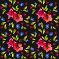 Bright flowers and leaves on a dark background. Seamless floral background. Vector