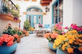 bright flowers lining a mediterraneanstyle courtyard Royalty Free Stock Photo