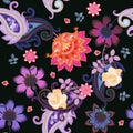 Bright Flowers And Paisley On Black Background. Floral Seamless Pattern For Fabrics In Boho Style