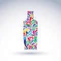 Bright flowery alcohol bottle. Stylized glassware symbol with ab