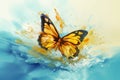 Bright flying butterfly on a blue background. Splashes of water and paint