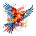 Bright flying colorful parrot with vivid feathers and long tail. Drawn tropical bird on white background with color Royalty Free Stock Photo