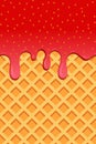 Bright food card. Strawberry flyers. Sweet realistic strawberry. Yellow pattern with waffle and strawberry drips. Dripping