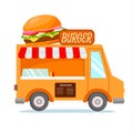 Bright food truck with Burgers. Big burger on the top of the truck. Burger menu and sign on top. Orange car delivery. Food