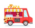 Bright food truck with pizza. Chef girl inside. Pizza menu and sign on top. Red car delivery. Food festival. Royalty Free Stock Photo