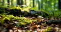 Bright forest clearing,beautiful sunlight and seasonal nature background with bokeh and short depth of field. Close-up with space Royalty Free Stock Photo