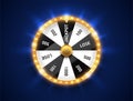 Bright fortune wheel spin mashine. Shiny led bulbs frame, isolated on blue background. Casino banner design element or icon. White