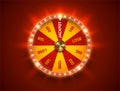 Bright fortune wheel spin mashine. Shiny led bulbs frame, isolated on red background. Casino banner design element or icon. Yellow