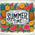 Bright frame background hand drawn text Summer Time with watermelon slices. Royalty Free Stock Photo