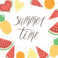 Bright frame background Summer Time with watermelon slices, pineapple, orange, lemon