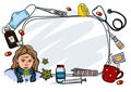 Bright frame with space for text, with a cold coughing girl, with viruses, medical objects, vaccinations and medicines