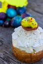 Bright and fresh Easter still life with painted eggs, cake. Cozy festive food on the day of the resurrection of Jesus