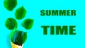 Bright fresh green leafs in waffle cone on bright blue background and the text - Summer Time. Royalty Free Stock Photo
