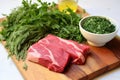 bright fresh herbs beside a raw, herb rubbed steak