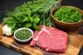 bright fresh herbs beside a raw, herb rubbed steak