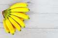 Bright fresh mini bananas on gray wooden background Royalty Free Stock Photo
