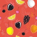 Bright and fresh Mixed summer fruits colorful hand sketch ,drawing and paint style in seamless pattern vector for fashion fabric