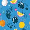 Bright and fresh Mixed summer fruits colorful hand sketch ,drawing and paint style in seamless pattern vector for fashion fabric