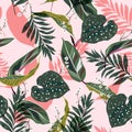 Bright and fresh tropical leaves. Seamless graphic design with p