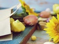 Bright fresh vegetables, fruits and flowers on a wooden table from the market package Royalty Free Stock Photo